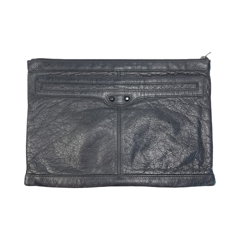 Balenciaga Black Arena Leather Oversized Zip Clutch Portfolio Envelope Bag